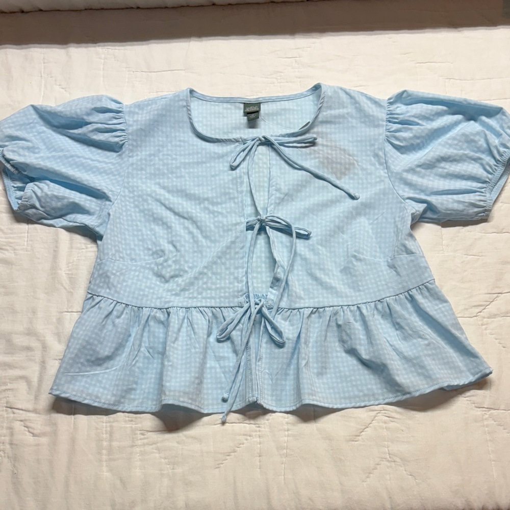 Y2K Cottagecore Puff Sleeve Tie-Front Peplum Blouse‎ Baby Blue Gingham XS NWT